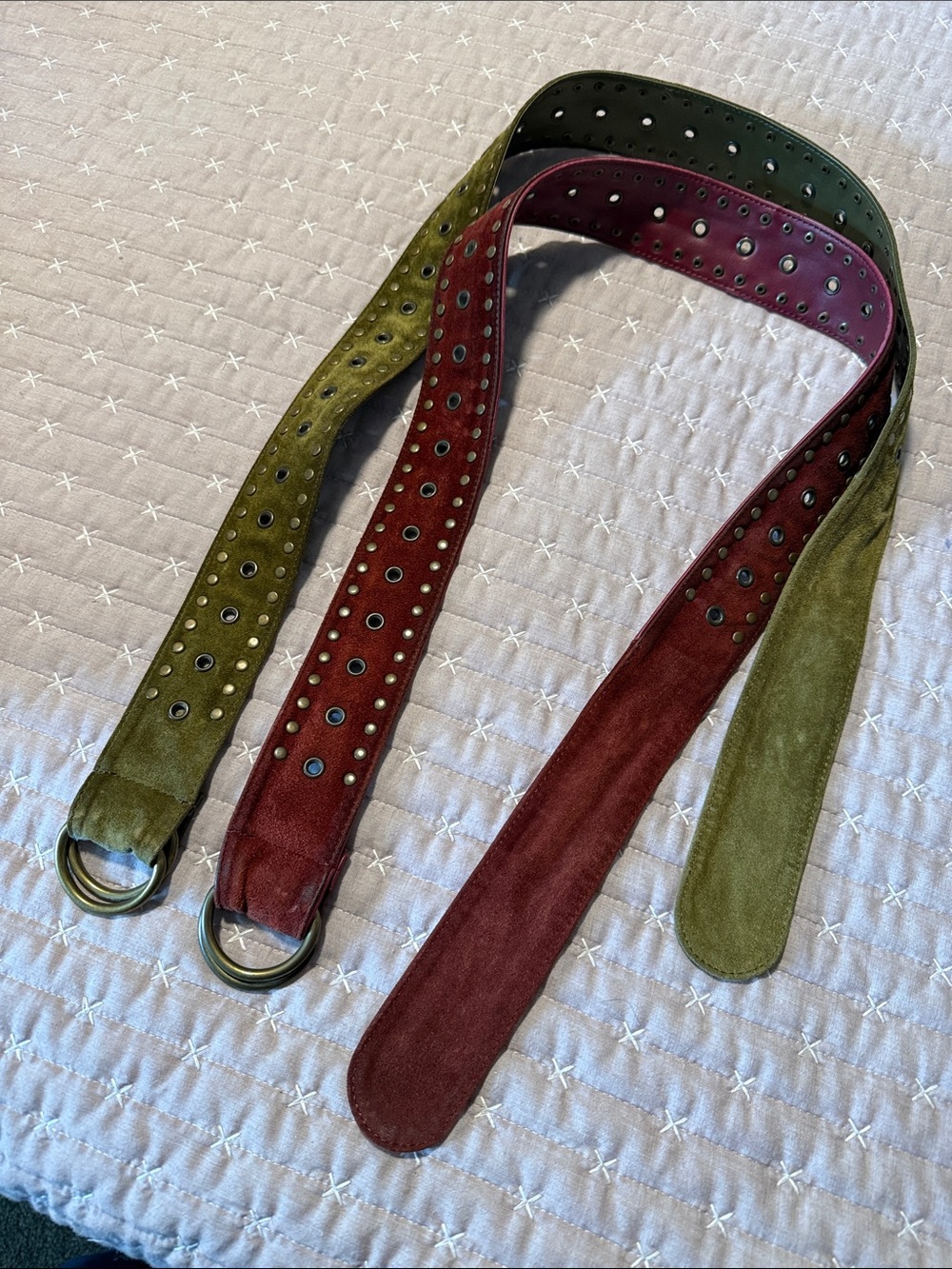 Suede Double-Ring Waist Belt - Olive & Burgundy